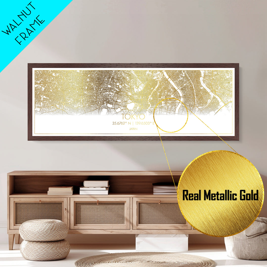 Tokyo Japan City street map, Panoramic art, black and gold, Metallic Gold Print, Metal Art, real wood frames, College Dorm Décor