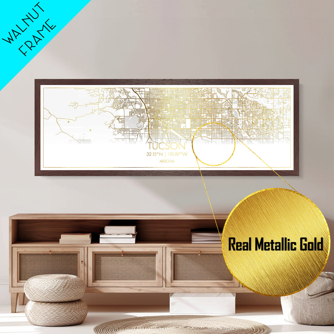 Tucson Arizona City street map, Panoramic art, black and gold, Metallic Gold Print, Metal Art, real wood frames, Housewarming Gift