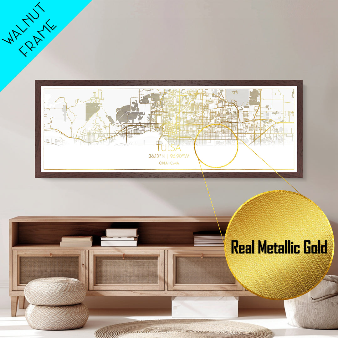 Tulsa Oklahoma City Poster, Panoramic street map, black and gold, Metallic Gold Art, Metal Art, wood framed map, Map Print Poster