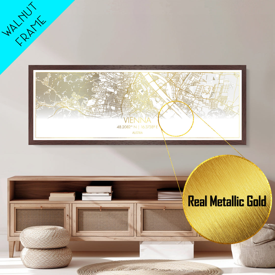 Vienna Austria City street map, Panoramic art, black and gold, Metallic Gold Print, Metal Art, real wood frames, Street Map Art, Wall Art