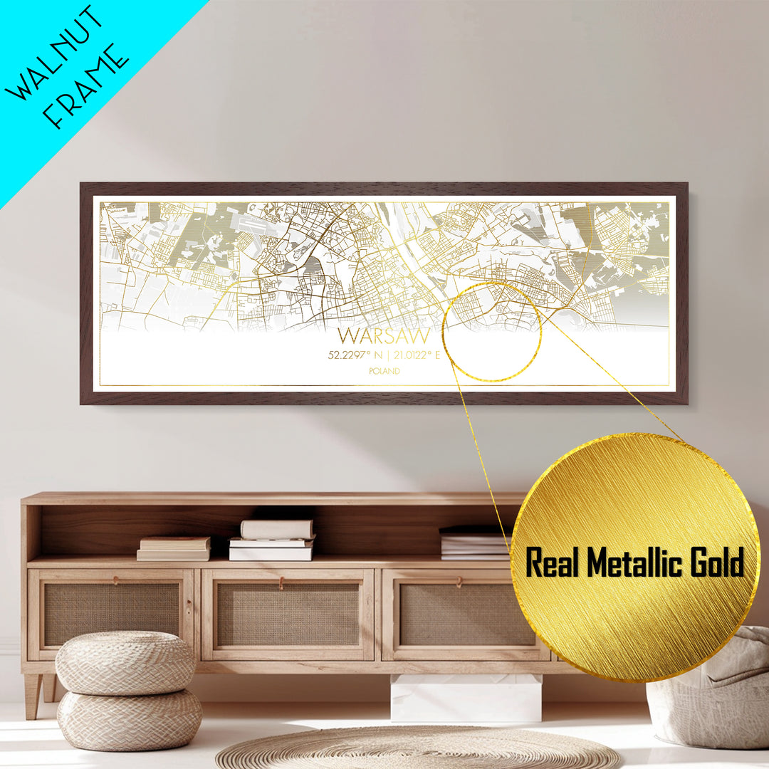 Warsaw Poland City street map, Panoramic art, black and gold, Metallic Gold Print, Metal Art, real wood frames, College Dorm Décor