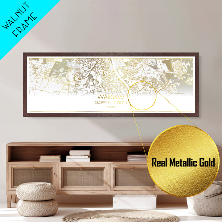Warsaw Poland City street map, Panoramic art, black and gold, Metallic Gold Print, Metal Art, real wood frames, College Dorm Décor