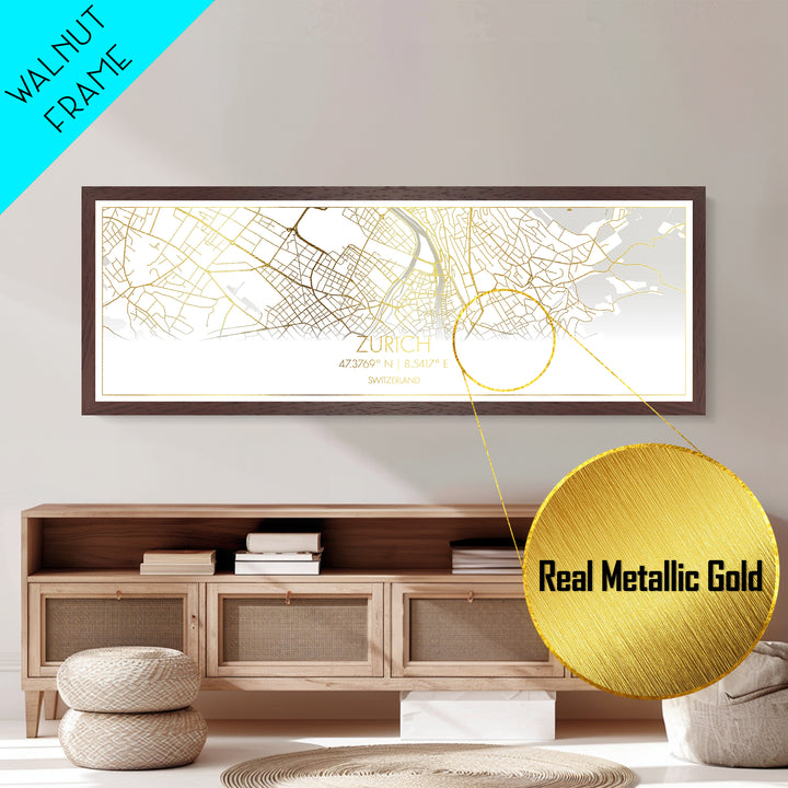Zurich Switzerland City Poster, Panoramic street map, black and gold, Metallic Gold Art, Metal Art, wood framed map, Best Friend Gifts
