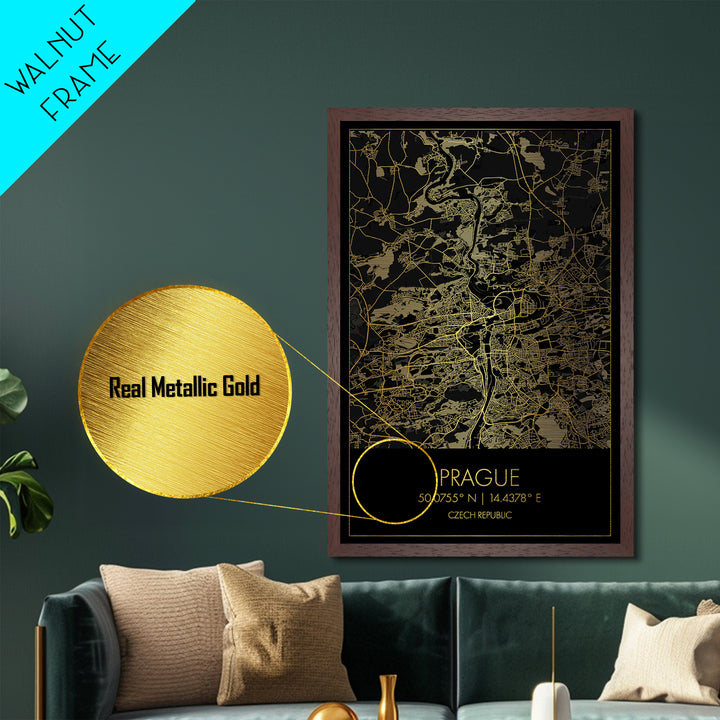 Prague Czech Republic City street map, Metallic Gold Print, Metal Art, wood framed map, black and gold, Street Map Wall Art, Modern Wall Art
