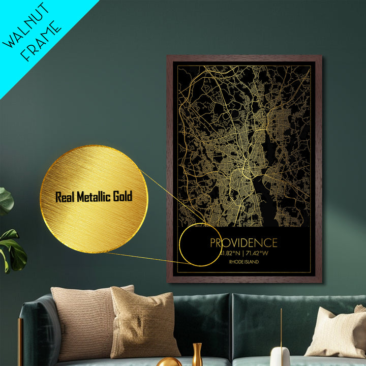 Providence Rhode Island City Poster, Metallic Gold Art, Metal Art, real wood frames, black and gold, Gold Street Map Art, Housewarming Gift