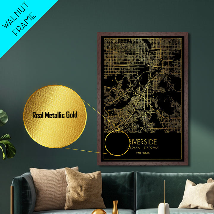Riverside California City Poster, Metallic Gold Art, Metal Art, real wood frames, black and gold, Modern House Art, Office Decor