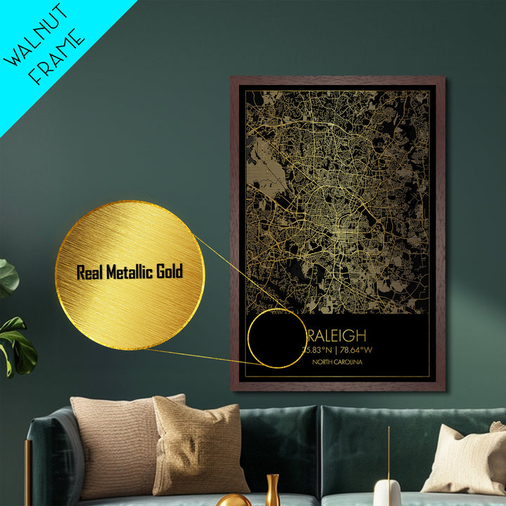 Raleigh North Carolina City street map, Metallic Gold Print, Metal Art, wood framed map, black and gold, Map Art, Office Decor
