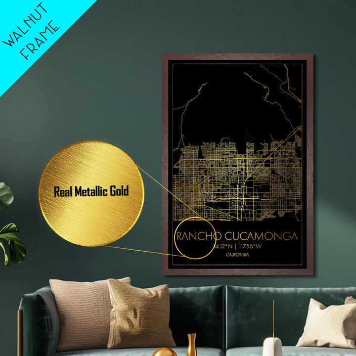 Rancho Cucamonga California City Poster, Metallic Gold Art, Metal Art, real wood frames, black and gold, Minimalist Wall Art, Street Map Art