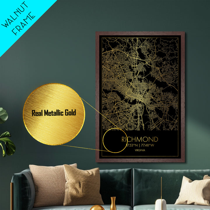 Richmond Virginia City Poster, Metallic Gold Art, Metal Art, real wood frames, black and gold, Map Art, Best Friend Gifts