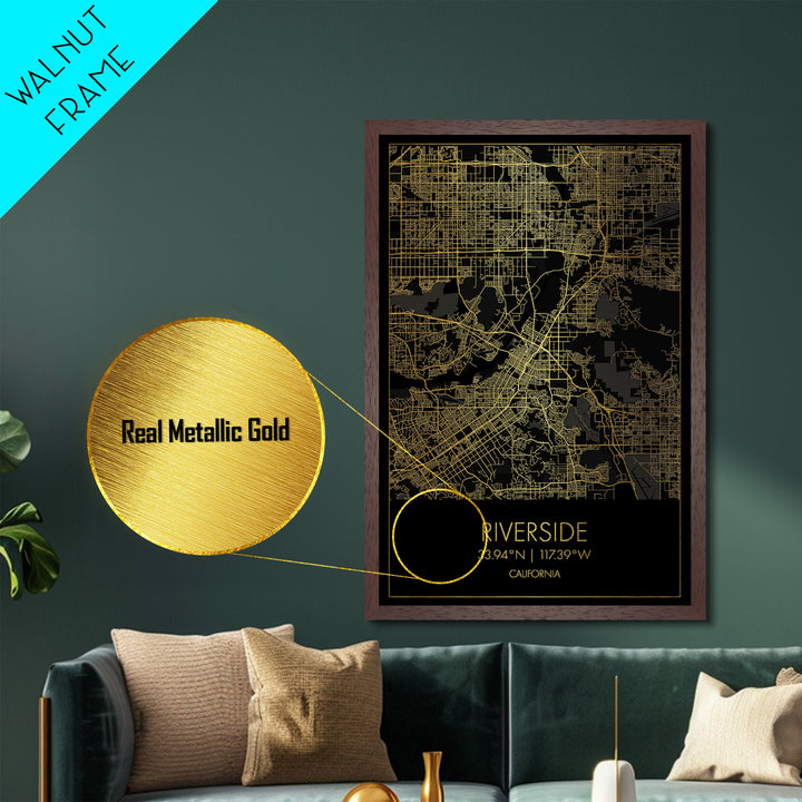 Riverside California City street map, Metallic Gold Print, Metal Art, wood framed map, black and gold, Street Map Art, College Dorm Décor