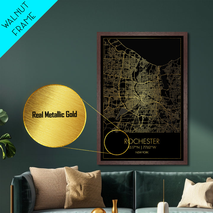 Rochester New York City street map, Metallic Gold Print, Metal Art, wood framed map, black and gold, Map Art, Closing Gift