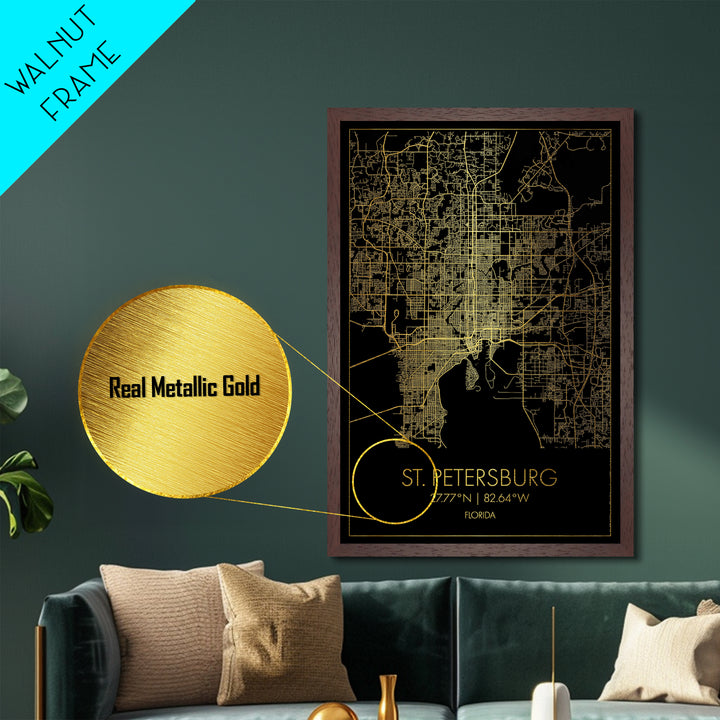 St. Petersburg Florida City Poster, Metallic Gold Art, Metal Art, real wood frames, black and gold, Map Art, Best Friend Gifts