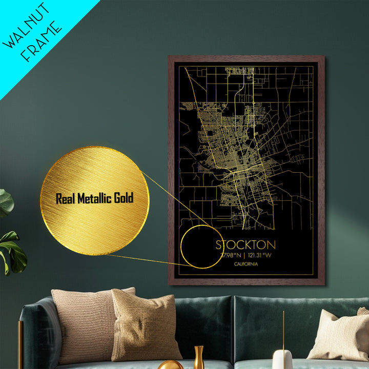 Stockton California City street map, Metallic Gold Print, Metal Art, wood framed map, black and gold, Street Map Art, Office Decor