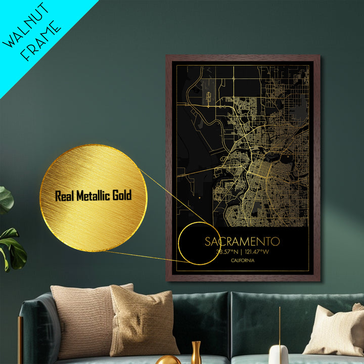 Sacramento California City street map, Metallic Gold Print, Metal Art, wood framed map, black and gold, Gold Street Map Art, Modern Wall Art