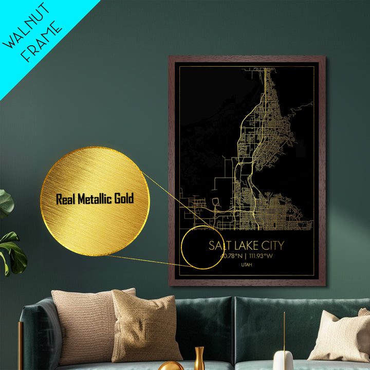 Salt Lake City Utah City Poster, Metallic Gold Art, Metal Art, real wood frames, black and gold, Map Art, Best Friend Gifts