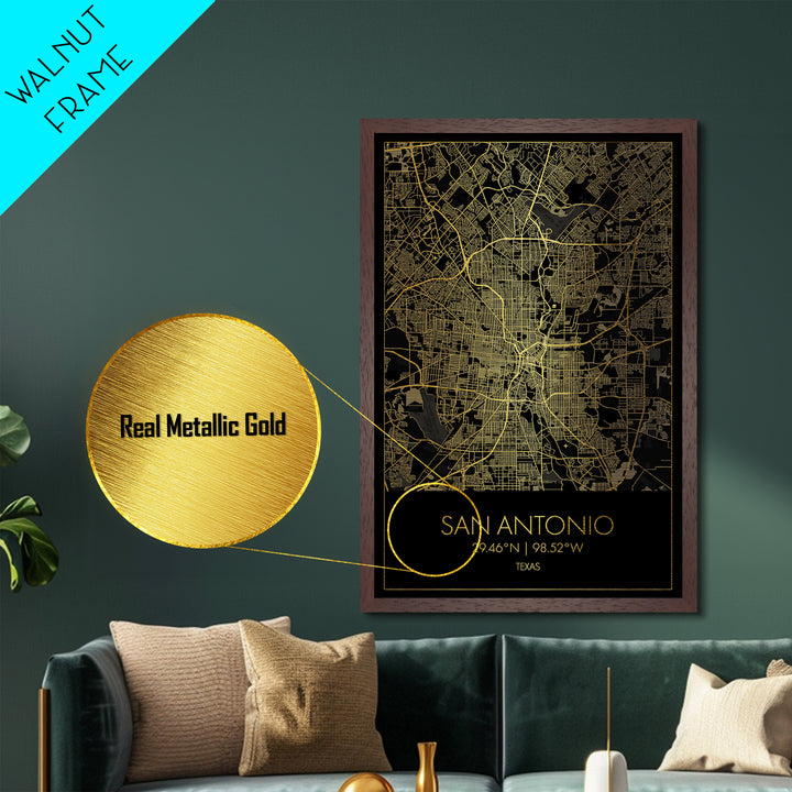 San Antonio Texas City street map, Metallic Gold Print, Metal Art, wood framed map, black and gold, Gold Street Map Art, Modern Wall Art