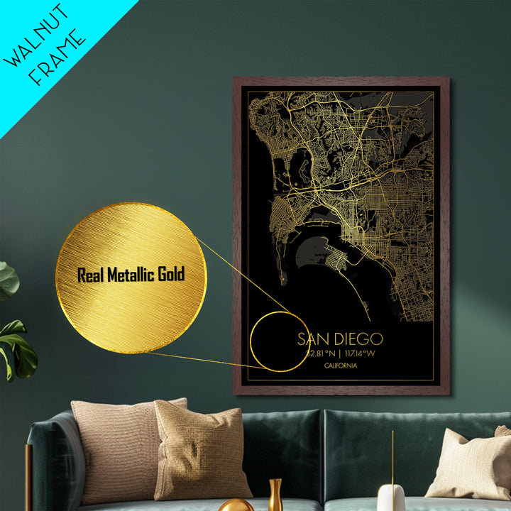 San Diego California City street map, Metallic Gold Print, Metal Art, wood framed map, black and gold, Map Art, Housewarming Gift
