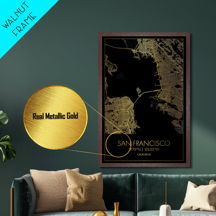 San Francisco California City Poster, Metallic Gold Art, Metal Art, real wood frames, black and gold, Gold Street Map Art, Best Friend Gifts