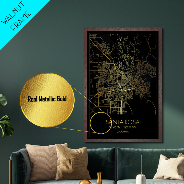 Santa Rosa California City Poster, Metallic Gold Art, Metal Art, real wood frames, black and gold, Map Art, Housewarming Gift
