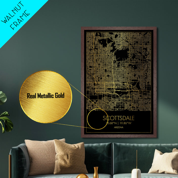 Scottsdale Arizona City street map, Metallic Gold Print, Metal Art, wood framed map, black and gold, Gold Street Map Art, Modern Wall Art