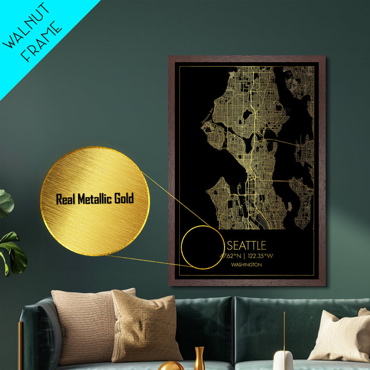 Seattle Washington City Poster, Metallic Gold Art, Metal Art, real wood frames, black and gold, Minimalist Wall Art, Map Print Poster