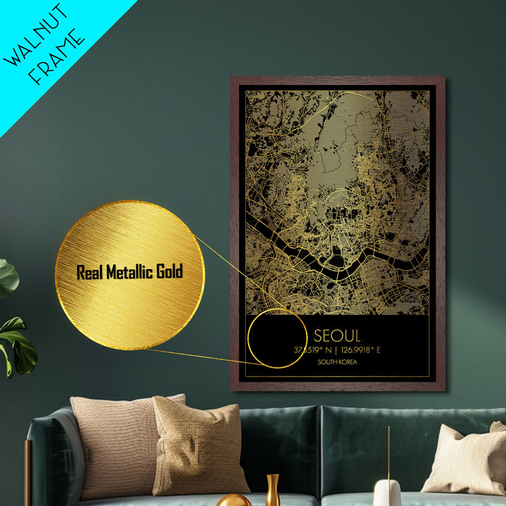 Seoul South Korea City street map, Metallic Gold Print, Metal Art, wood framed map, black and gold, Street Map Art, Office Decor