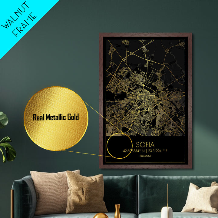 Sofia Bulgaria City street map, Metallic Gold Print, Metal Art, wood framed map, black and gold, Map Art, Housewarming Gift