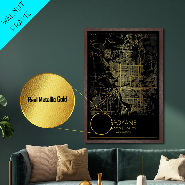 Spokane Washington City Poster, Metallic Gold Art, Metal Art, real wood frames, black and gold, Gold Street Map Art, Best Friend Gifts