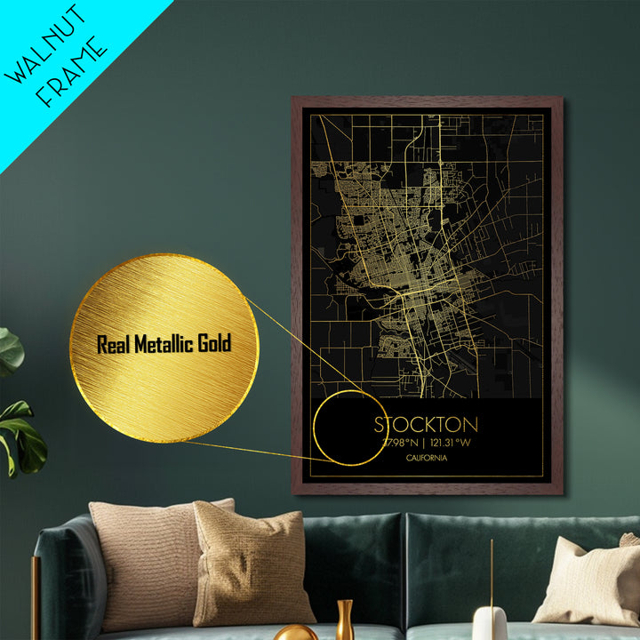 Stockton California City Poster, Metallic Gold Art, Metal Art, real wood frames, black and gold, Minimalist Wall Art, Map Print Poster