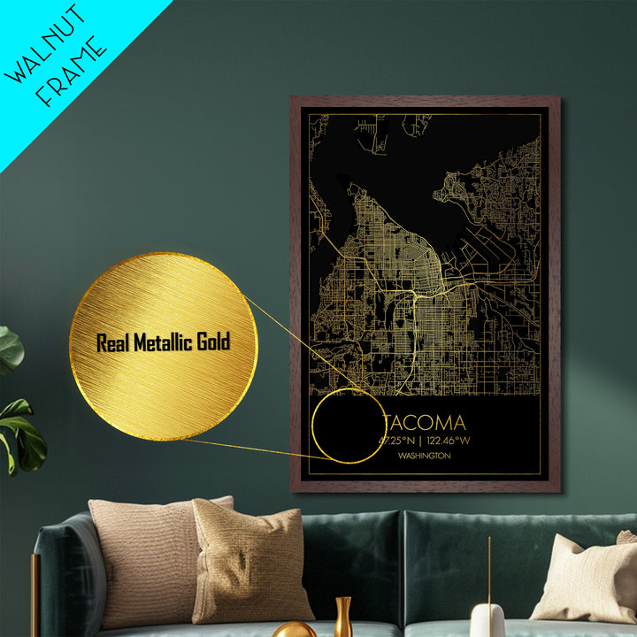 Tacoma Washington City Poster, Metallic Gold Art, Metal Art, real wood frames, black and gold, Map Art, Best Friend Gifts
