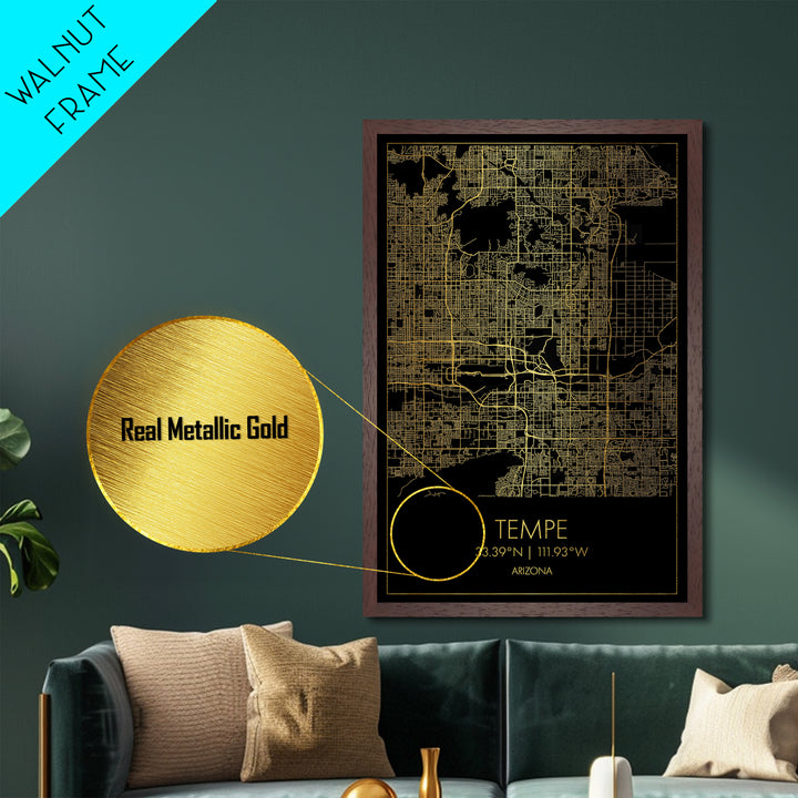 Tempe Arizona City street map, Metallic Gold Print, Metal Art, wood framed map, black and gold, Map Art, Housewarming Gift