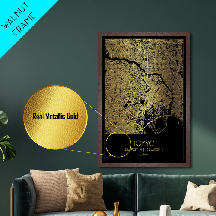 Tokyo Japan City Poster, Metallic Gold Art, Metal Art, real wood frames, black and gold, Gold Street Map Art, Modern Wall Art