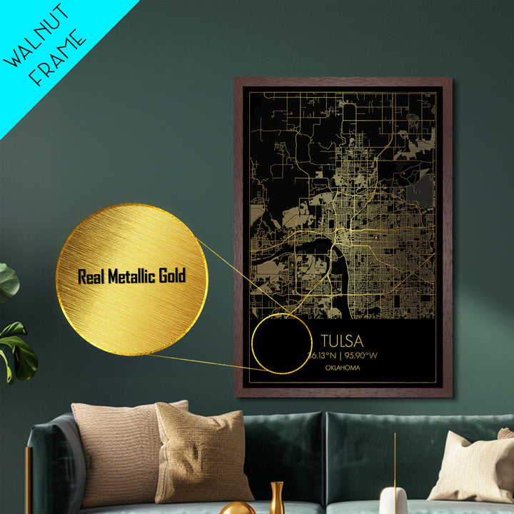 Tulsa Oklahoma City Poster, Metallic Gold Art, Metal Art, real wood frames, black and gold, Map Art, Best Friend Gifts
