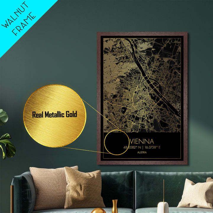 Vienna Austria City street map, Metallic Gold Print, Metal Art, wood framed map, black and gold, Gold Street Map Art, Modern Wall Art