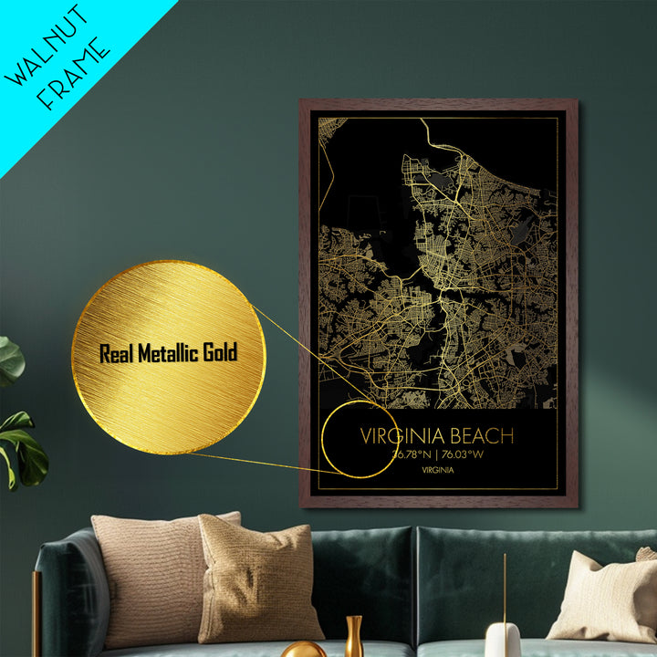 Virginia Beach Virginia City Poster, Metallic Gold Art, Metal Art, real wood frames, black and gold, Minimalist Wall Art, Map Print Poster