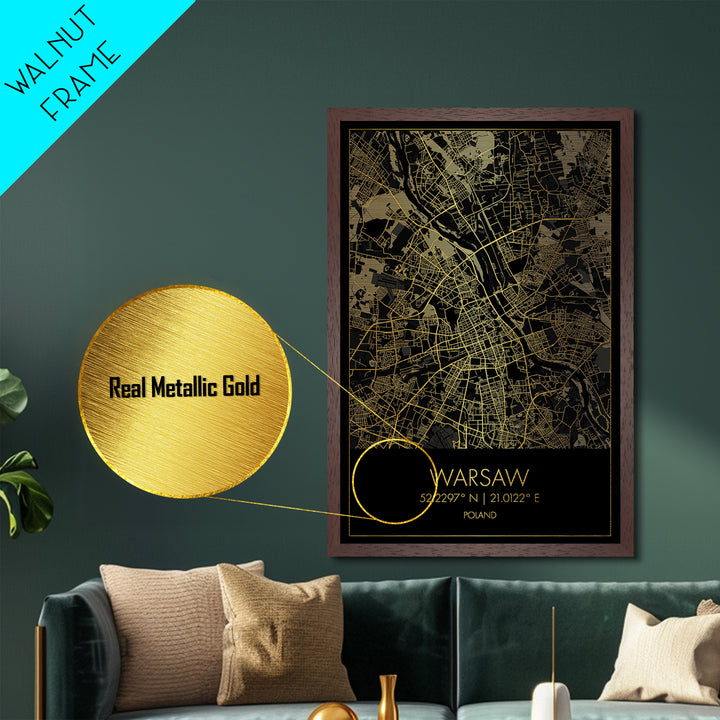 Warsaw Poland City street map, Metallic Gold Print, Metal Art, wood framed map, black and gold, Street Map Art, Office Decor