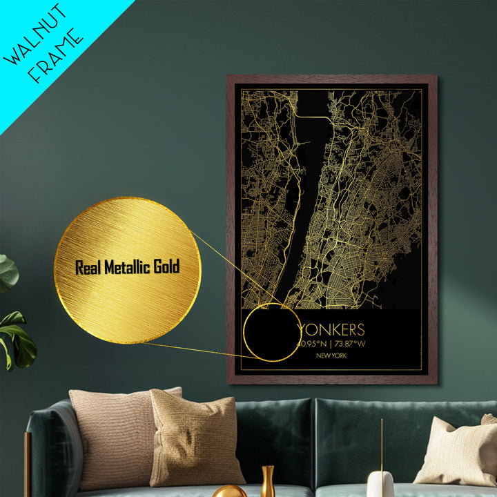 Yonkers New York City Poster, Metallic Gold Art, Metal Art, real wood frames, black and gold, Gold Street Map Art, Best Friend Gifts