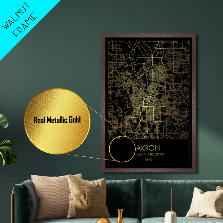 Akron Ohio City Poster, Metallic Gold Art, Metal Art, real wood frames, black and gold, Street Map Art, Modern House Art