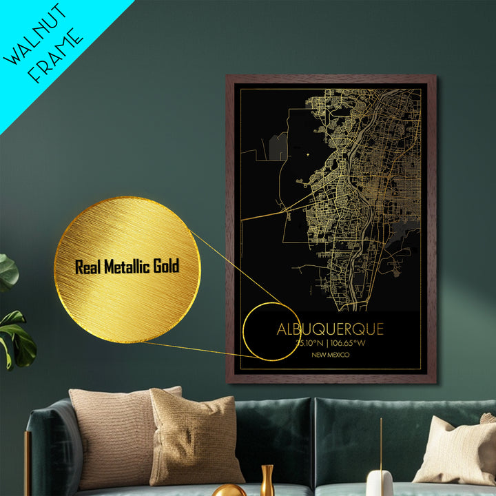 Albuquerque New Mexico City street map, Metallic Gold Print, Metal Art, wood framed map, black and gold, Map Art, Office Decor