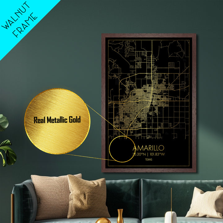 Amarillo Texas City Poster, Metallic Gold Art, Metal Art, real wood frames, black and gold, Map Art, Best Friend Gifts
