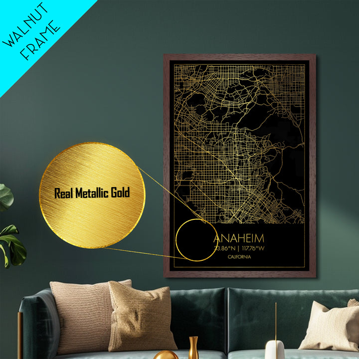 Anaheim California City street map, Metallic Gold Print, Metal Art, wood framed map, black and gold, Gold Street Map Art, Modern Wall Art