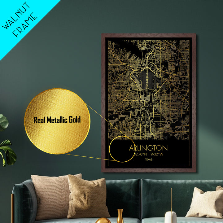 Arlington Texas City Poster, Metallic Gold Art, Metal Art, real wood frames, black and gold, Map Art, Best Friend Gifts