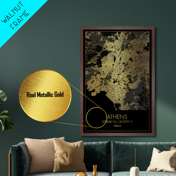 Athens Greece City street map, Metallic Gold Print, Metal Art, wood framed map, black and gold, Gold Street Map Art, Modern Wall Art
