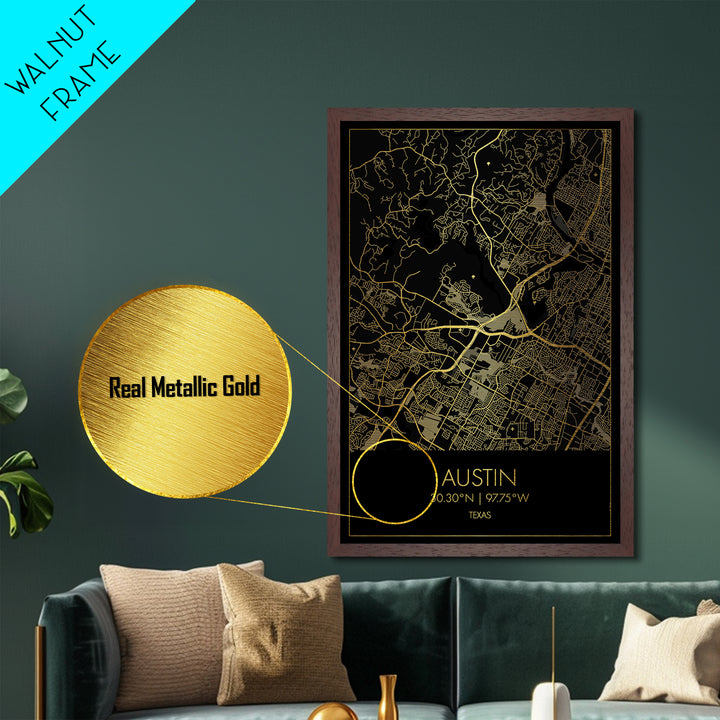 Austin Texas City Poster, Metallic Gold Art, Metal Art, real wood frames, black and gold, Street Map Art, Modern House Art