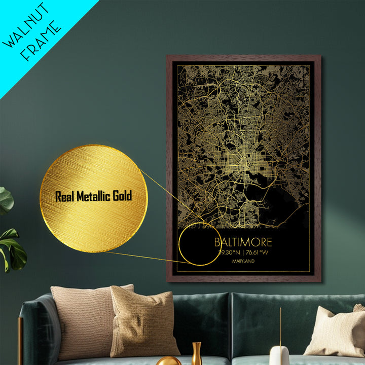 Baltimore Maryland City street map, Metallic Gold Print, Metal Art, wood framed map, black and gold, Gold Street Map Art, Modern Wall Art