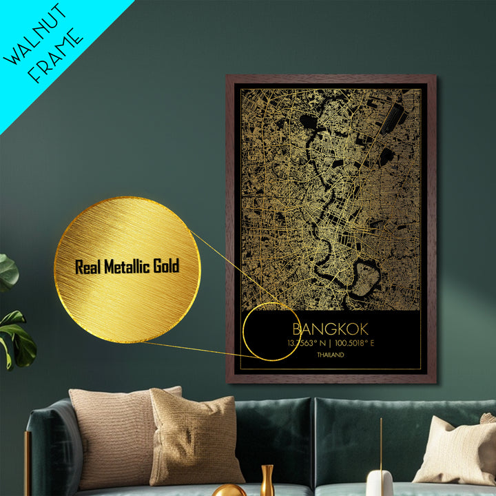 Bangkok Thailand City Poster, Metallic Gold Art, Metal Art, real wood frames, black and gold, Minimalist Wall Art, Map Print Poster