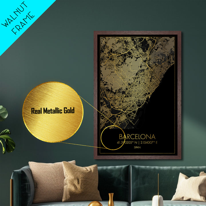 Barcelona Spain City street map, Metallic Gold Print, Metal Art, wood framed map, black and gold, Street Map Art, Office Decor