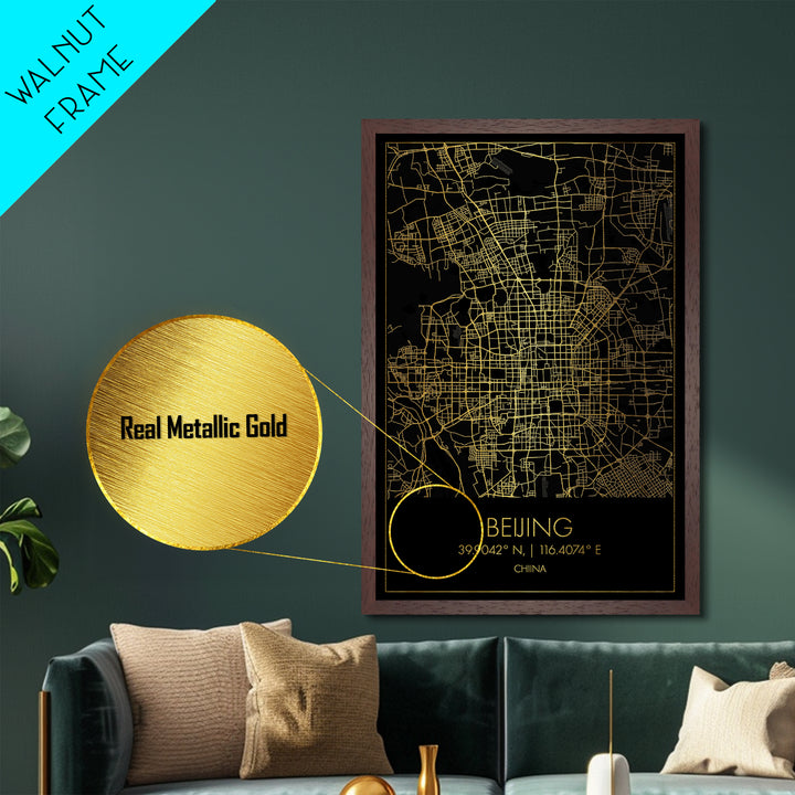 Beijing China City street map, Metallic Gold Print, Metal Art, wood framed map, black and gold, Gold Street Map Art, Modern Wall Art