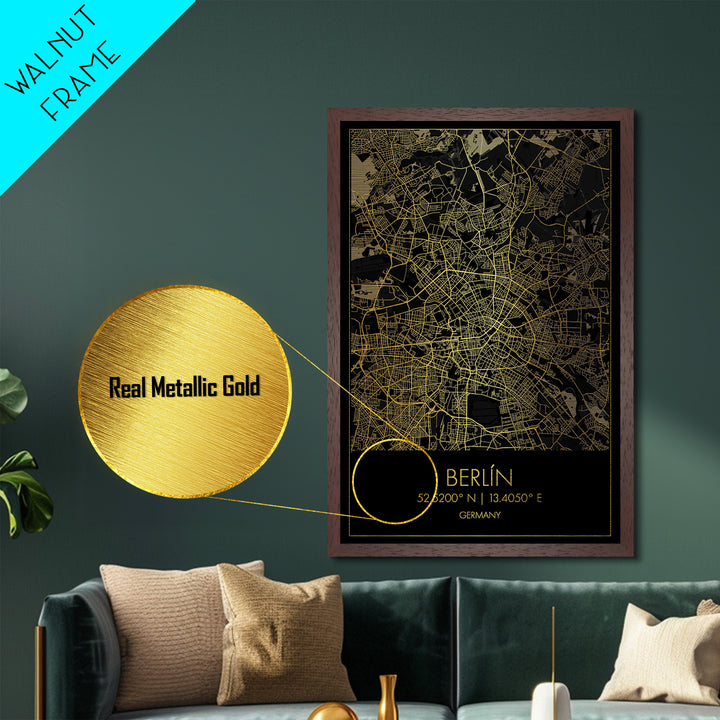 Berlin Germany City Poster, Metallic Gold Art, Metal Art, real wood frames, black and gold, Street Map Wall Art, Closing Gift