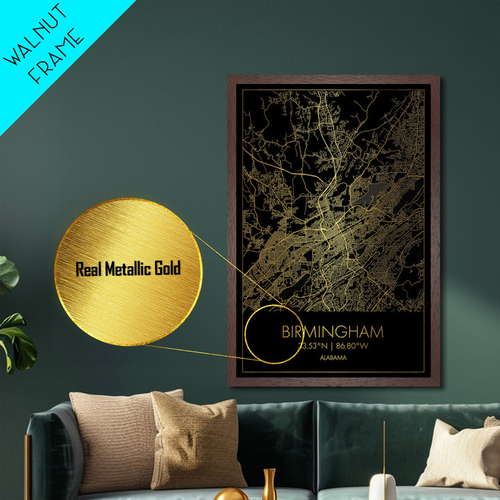 Birmingham Alabama City street map, Metallic Gold Print, Metal Art, wood framed map, black and gold, Map Art, Housewarming Gift